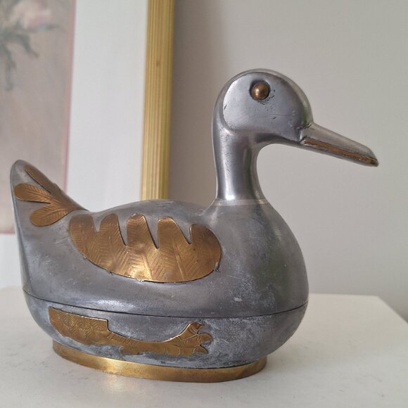 Vintage Pewter Brass Duck Trinket Box - bird Figurine - Picture 6 of 8